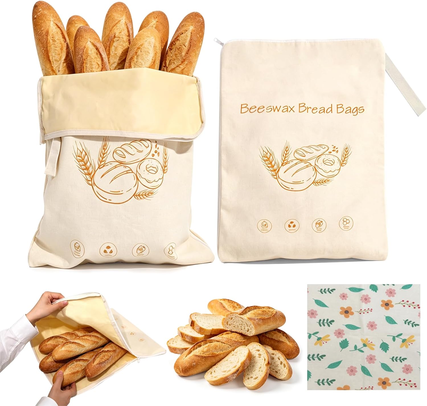 2 Packs Beeswax Bread Bags, Wide Zipper Access Reusable Bread Bag with 2 Pieces Beeswax Food Wrap for Freshness for Homemade & Sourdough Bread