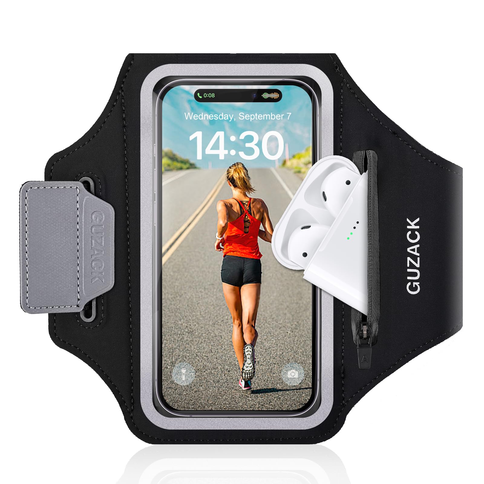 GUZACK Running Phone Holder with Zipper Pouch, Running Armband for iPhone 16 Pro/15/14/13/12/11 Pro Max/Plus/XR/XS, Galaxy S25/S24/S23/S22, Cell Phone Arm Holder with Card Slot - Size S