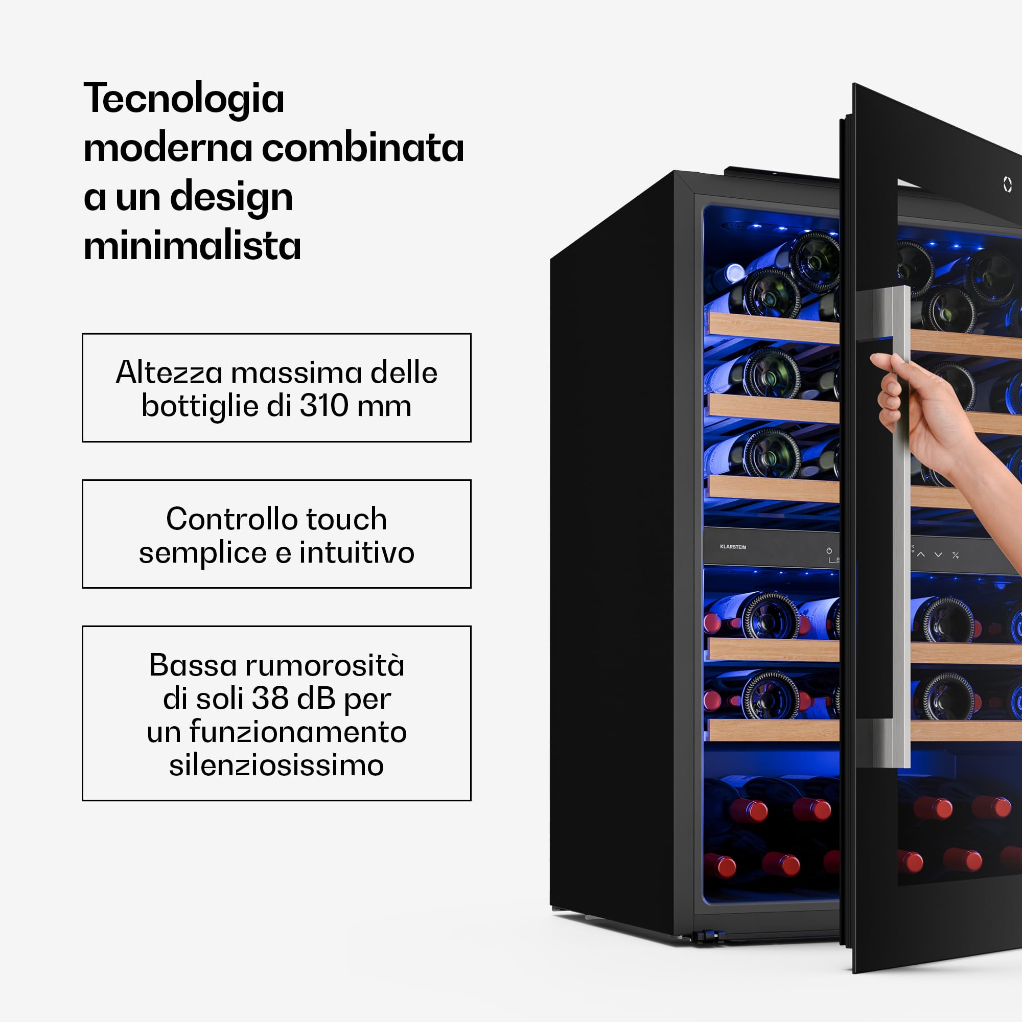 KLARSTEIN Illuminosa Cantinetta Vino da Incasso - 57 Bottiglie, Doppia Zona, 5-22°C, Touch, LED, Ripiani Legno, Porta UV, Silenziosa, Cantina Frigo per Vino