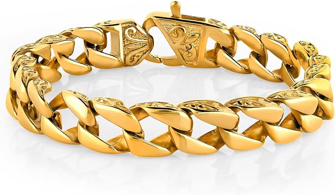 Urban Jewelry Mens 24K Gold Plated Fleur Lis Link Bracelet Bold Chain Style | Fleur Link Bracelet 24K Gold Plated Fade Resistant Shine Polished Link Finish Sturdy Chain Style Timeless Wrist Style