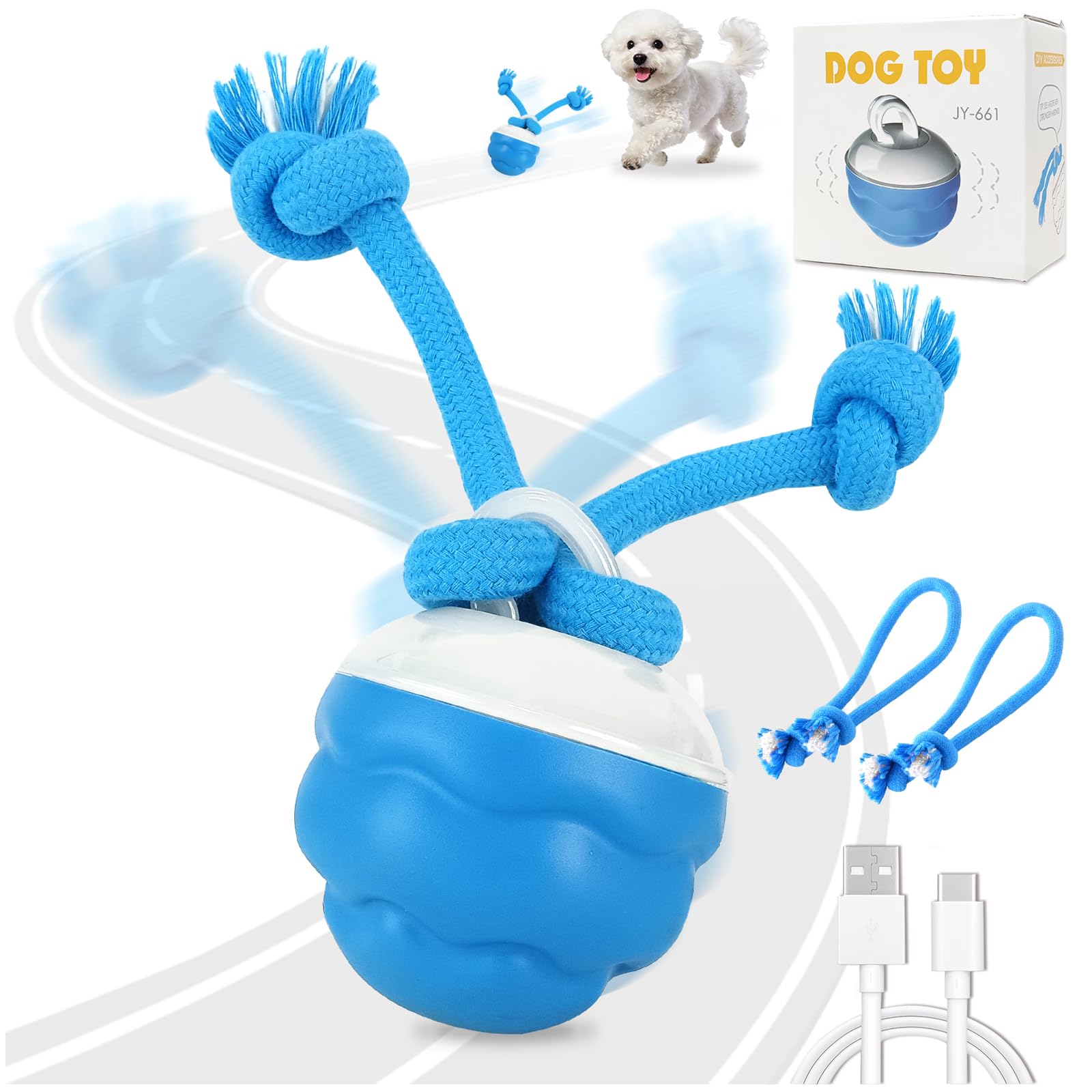 Audasi Interactive Dog Ball Toys, Dog Balls with Tail for Small Dogs Motion Activate Rolling Ball Automatic Moving Toy for Boredom Relief Stimulation Toy with Chewable Ropes for Puppies and Pet