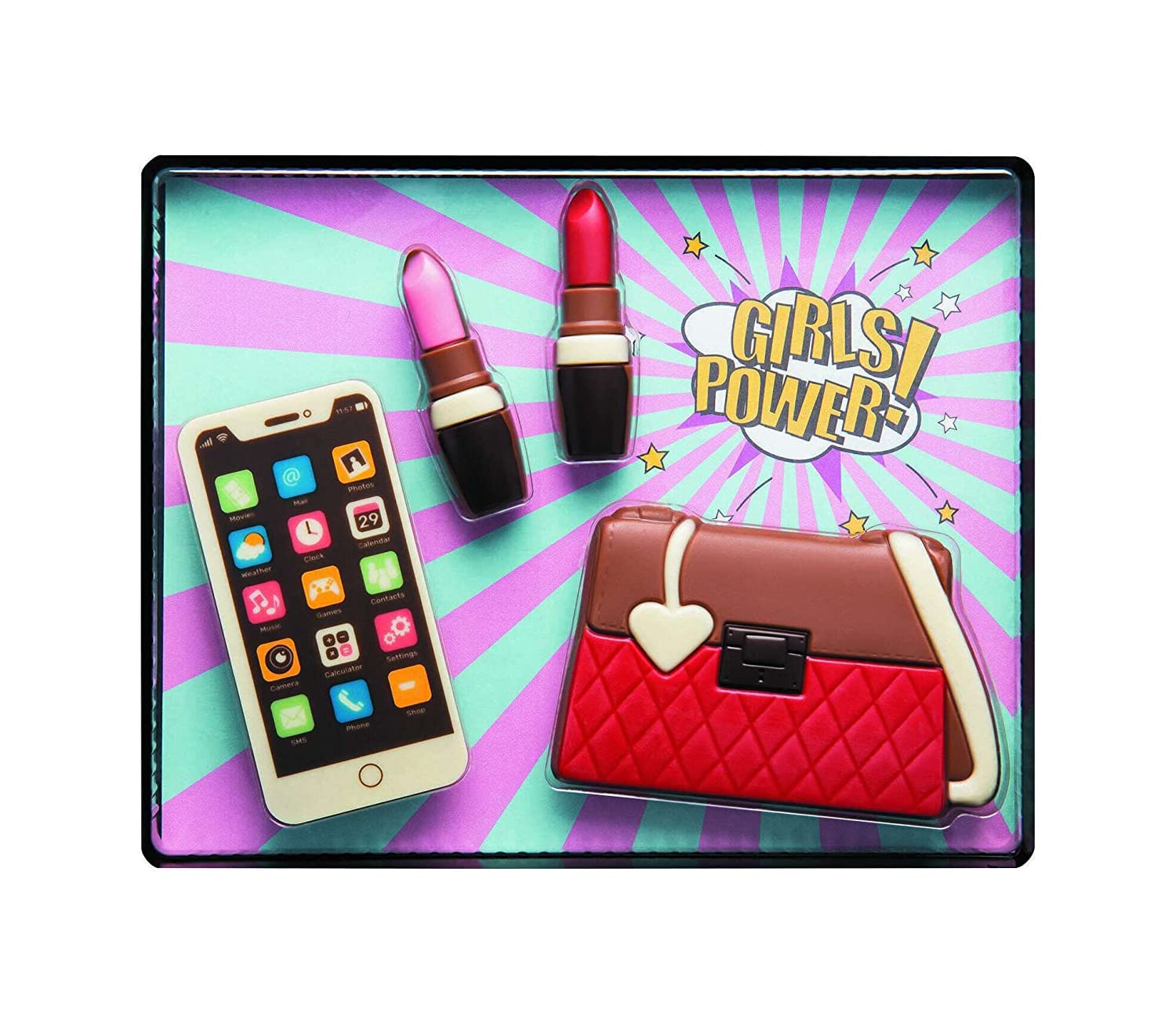 Confiserie Weibler Girl Power Chocolate zestaw upominkowy – zawiera czekoladowy telefon, torebkę i szminkę