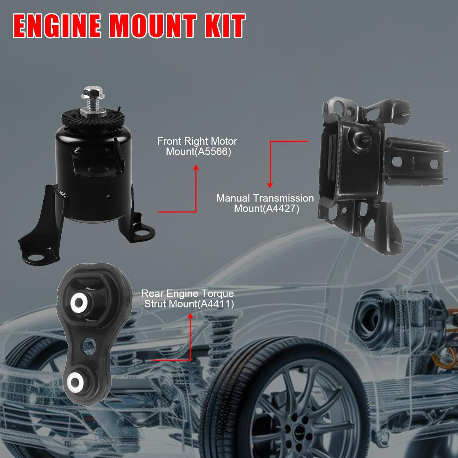 3Pcs Engine Motor & Transmission Mounts Set Fit for 2011 2012 2013 2014 for Mazda 2 1.5L Replace OE:A5566 A4411 A4427