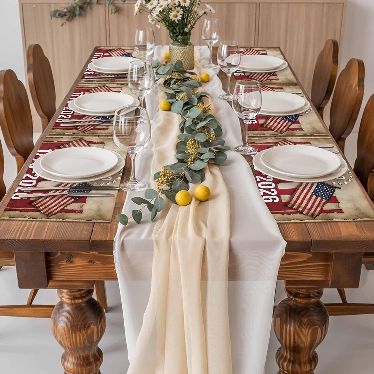 250 Anniversary USA Flag Placemats Set of 12 Vintage Brown American Flag Place Mats Indoor Wipeable Table Mats Washable Cloth Dining Table Placemats for Kitchen Holiday Party Home Decor 13x19 Inch