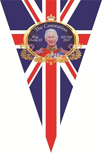 Miniatura 7 de Banderines de coronación King Charles de 32.8ft Union Jack Banderines de coronación King Charles 2023, 30 banderas triangulares King Charles String