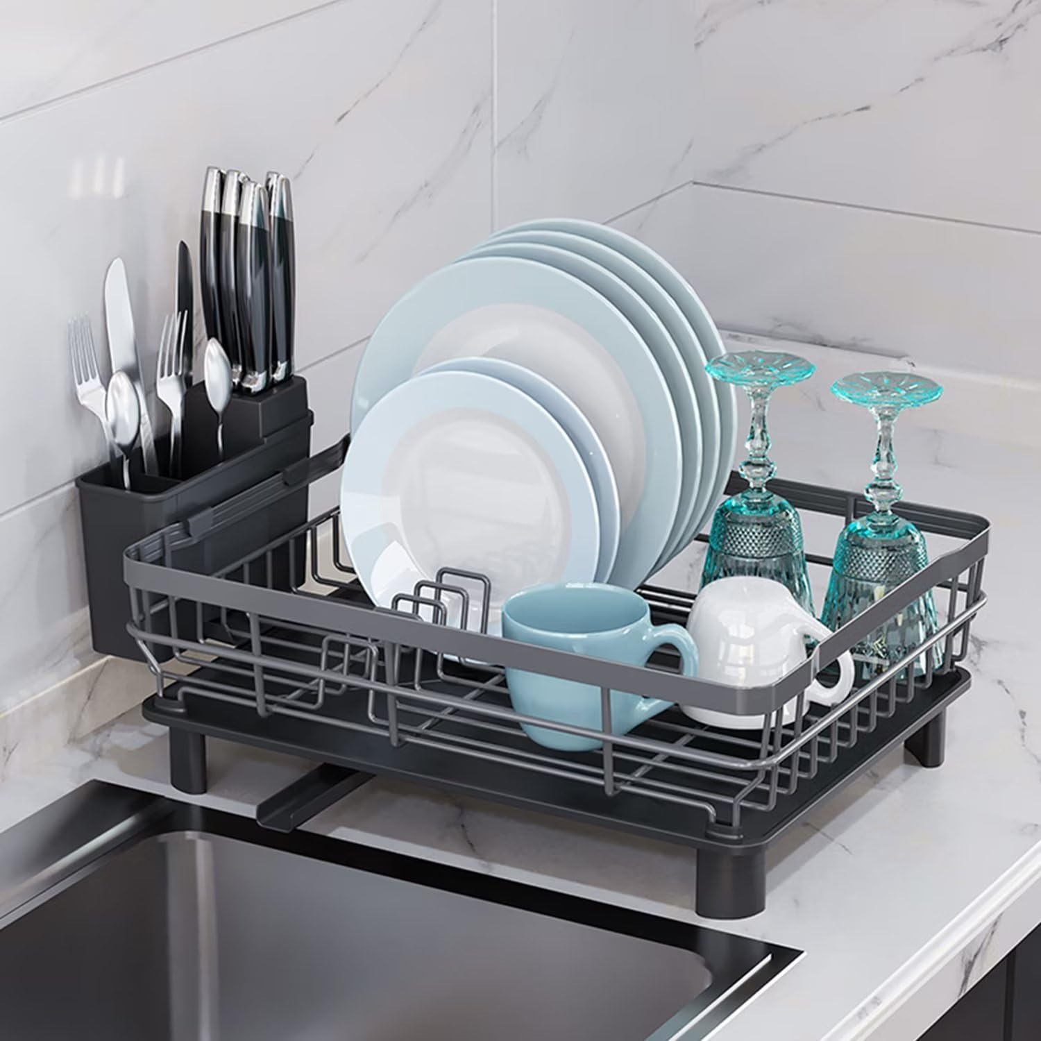 Escurridor de platos negro – 43 x 33 x 15 cm, escurridor de fregadero de cocina, escurridor de platos, escurridor de platos, escurridor de platos para ahorrar espacio, ideal para uso doméstico