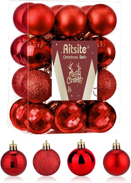 Aitsite Christmas Baubles, 24 Pcs Xmas Baubles Christmas Decorations 6cm Hanging Christmas Balls Shatterproof Christmas Ornaments for Christmas Tree Home Festival Decoration(Red)