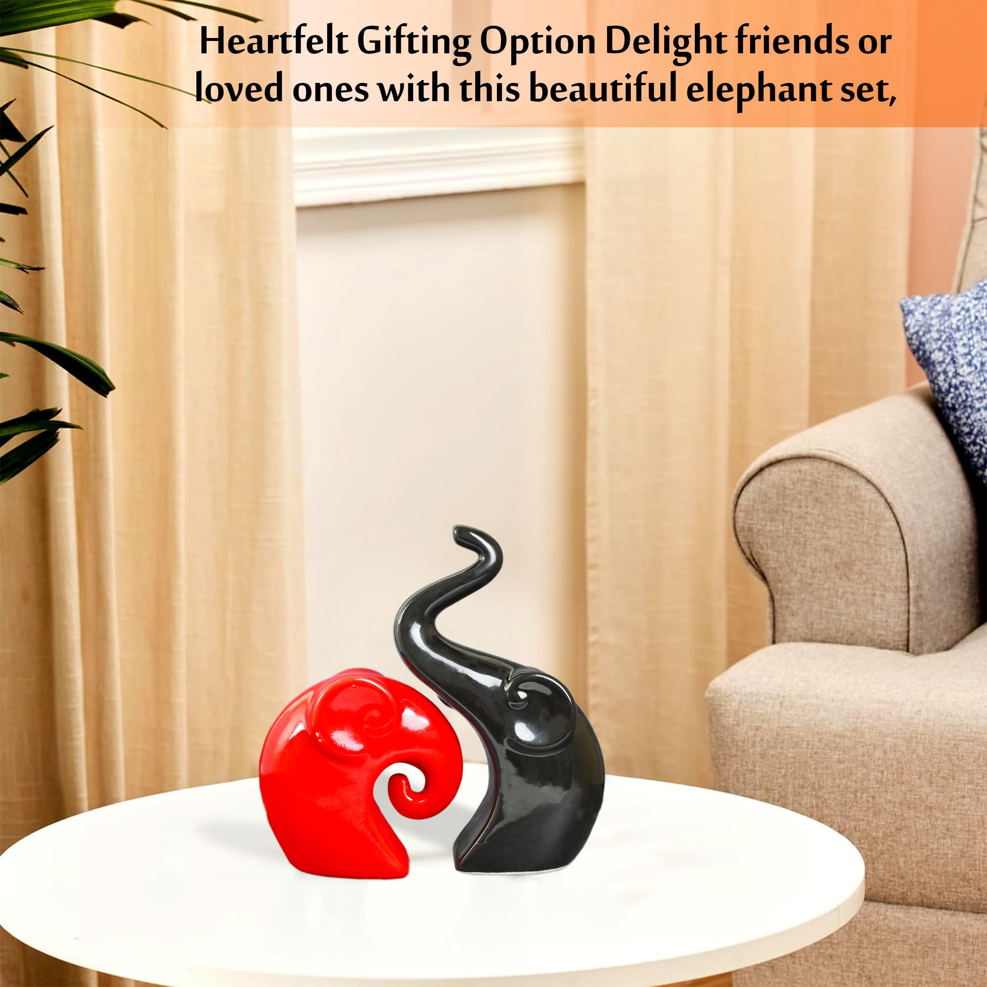 Rousrie Elephant Family Showpiece, Ceramic Gloss Finish Auspicious Figurines for Living Room, Office, Bedroom (Set of 2)