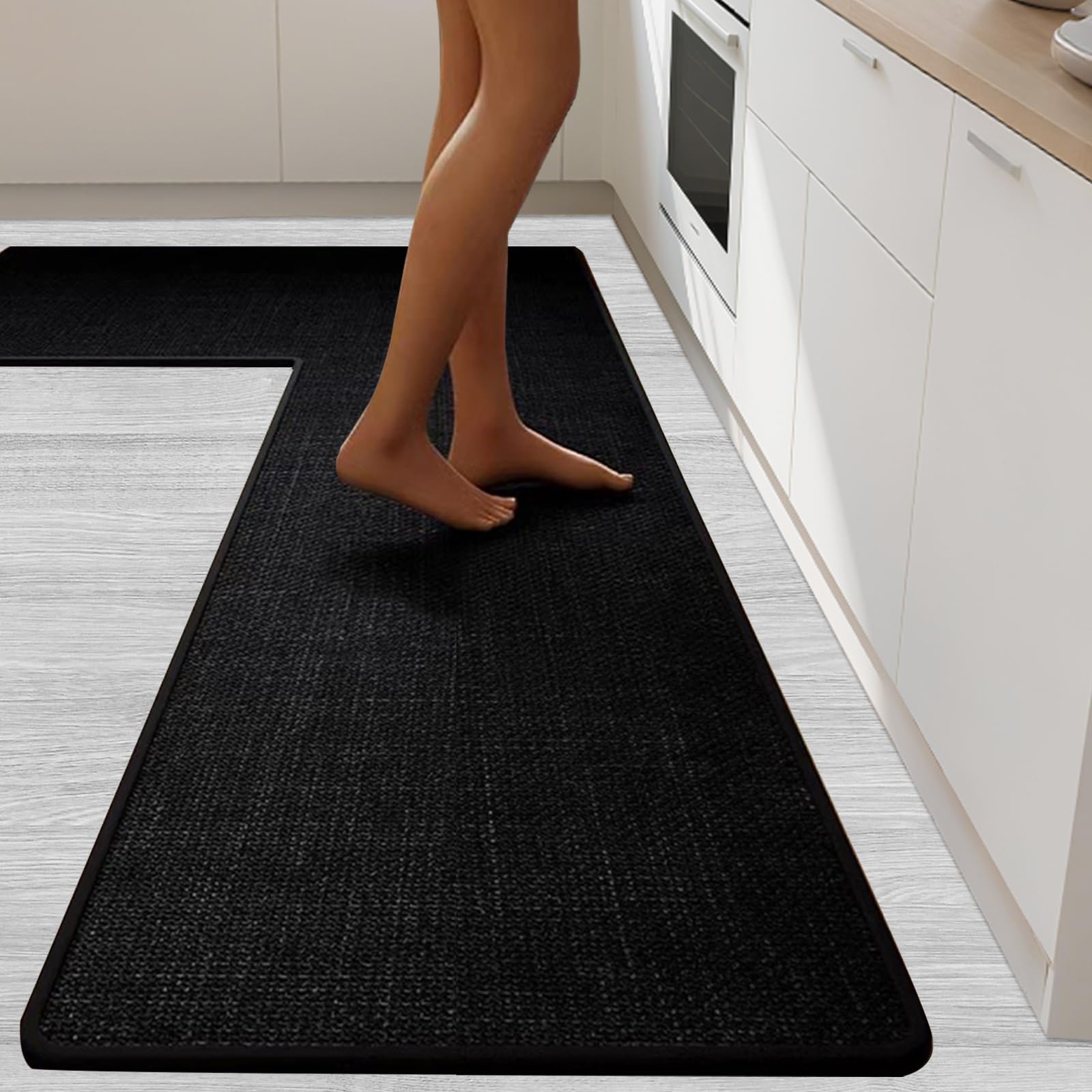 Anti-Slip Corner Kitchen Rug, 1 Piece L-Shaped Floor Mats,Super Absorption Linen Angle Corner Mat for Home,Kitchen (Black Right-L, 39''X59''X18'')