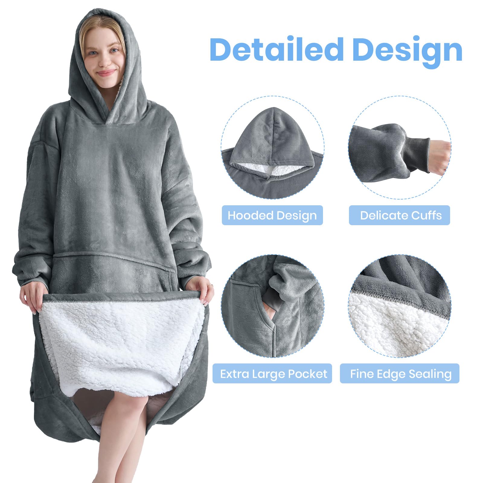 Good Nite Wearable Blanket Oversized Hoodie Blanket for Women & Men Sherpa Snuggle Blankets for Adults Fluffy Warm Hooded Throw with Pockets Grey (Grey - Image 3