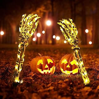Lighted Skeleton Arms Stakes Halloween Decor,2 Realistic Skeleton Arm Hands with 48 LED Warm White Lights Waterproof Batte...