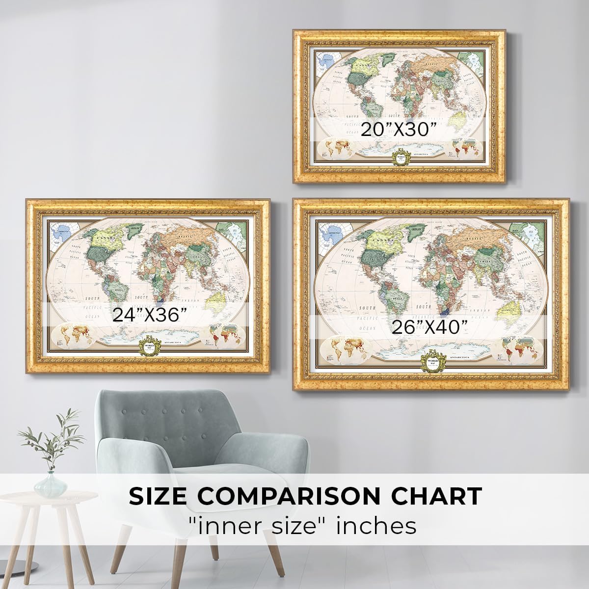 Renditions Gallery Colorful World Map Canvas Wall Art with Vintage Gold Frame Wall Hanging Travel Map with Push Pins for Home, Office, Classroom