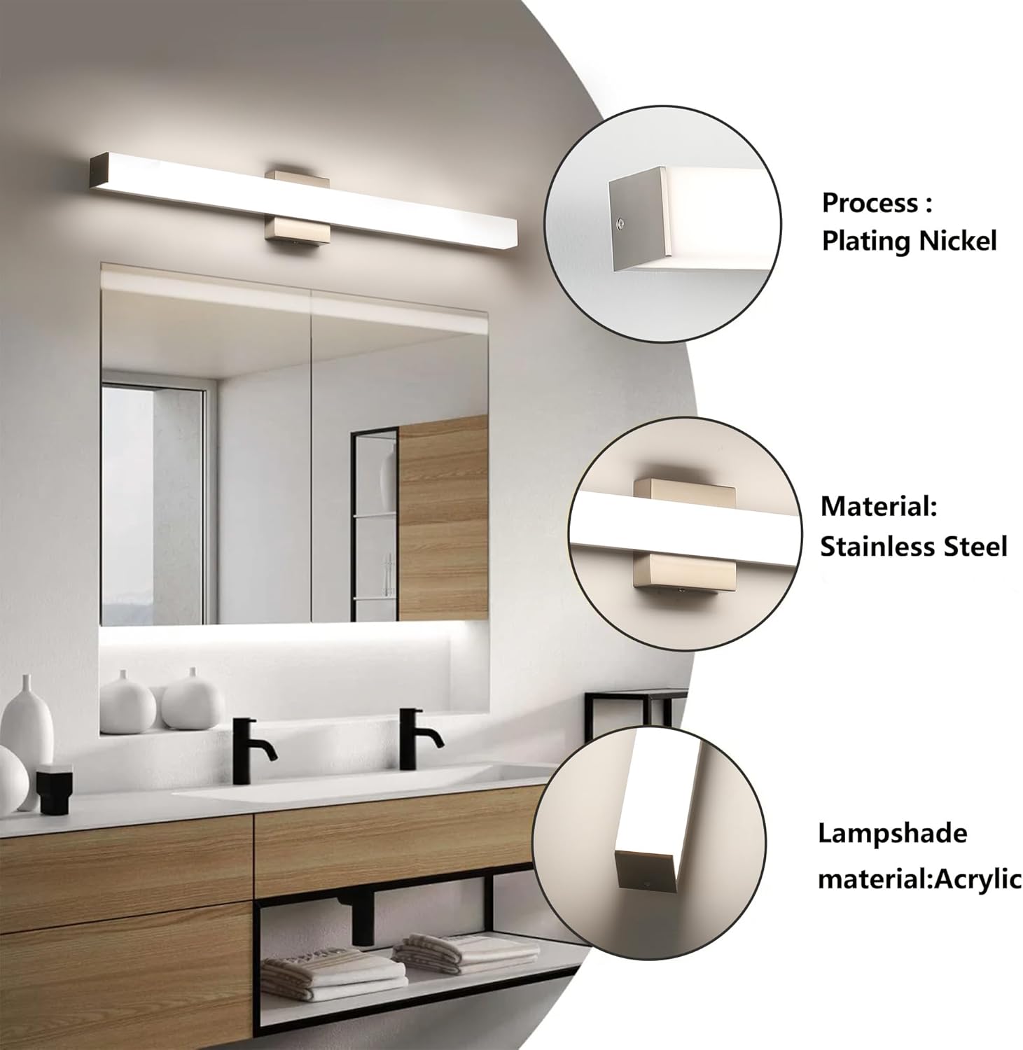 led bathroom vanity light fixtures 31.5in brushed nickel,dimmable24w 4000k natural white square wall fixture, modern lighting for over mirror, damp rated 31.5in 4000k dimmable brushed nickel