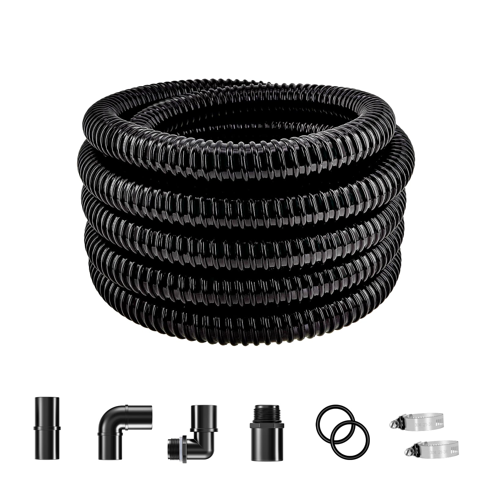 LONGRUN 32mm Pond Hose Pipe, 1.25 Inch Black Garden Corrugated Flexible Hose with Clamps Fitting, 7.2 Metres Length