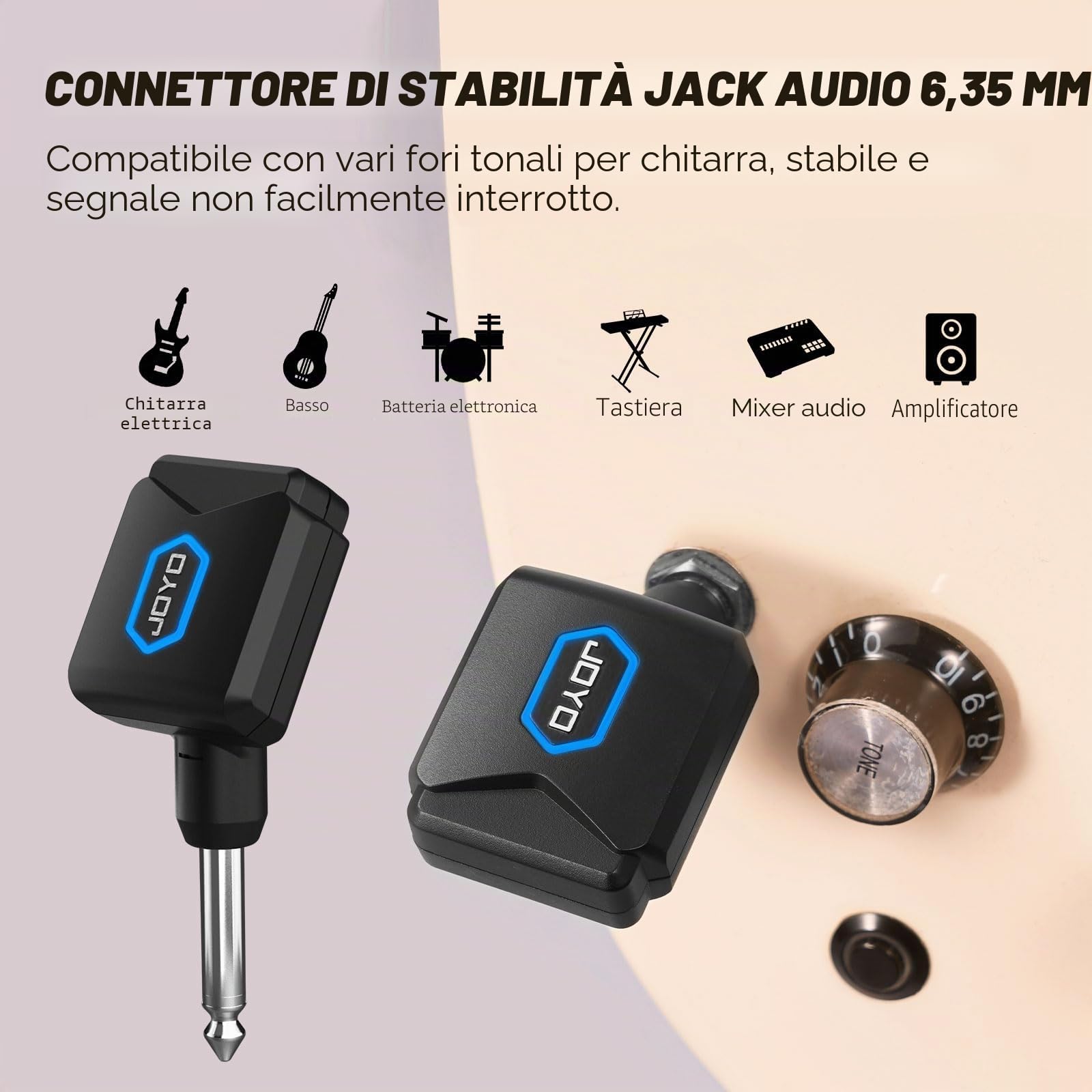 JOYO Sistema Wireless 5.8 GHz con scatola di ricarica - Ricetrasmettitore a 4 canali per Chitarra, Basso, Strumenti (JW-06)
