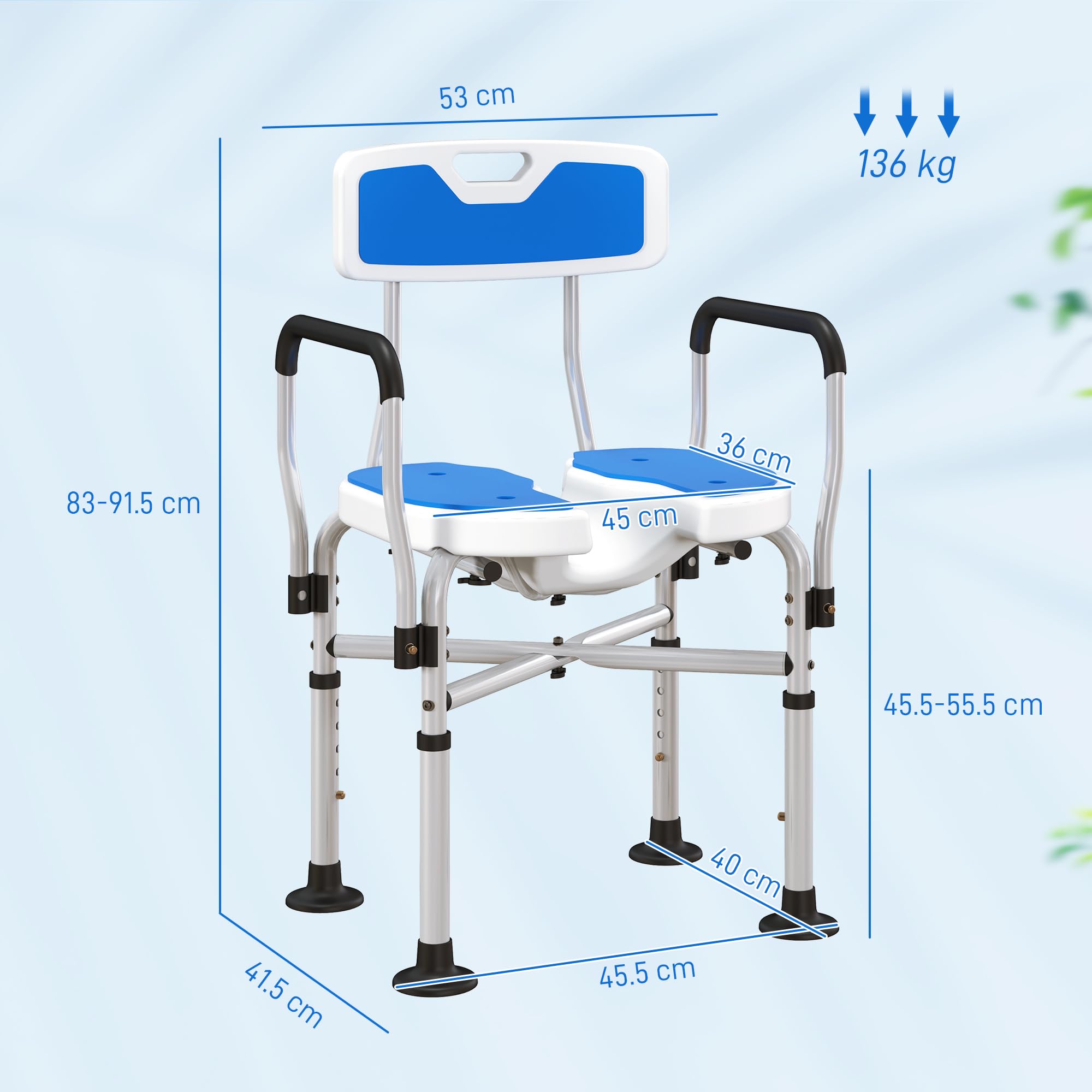 HOMCOM Sedia Doccia con Schienale, Braccioli, Seduta Scanalata e Barre di Rinforzo, Sgabello Doccia con Altezza Regolabile, Fori per Acqua e Piedini Antiscivolo per Anziani e Disabili, Blu