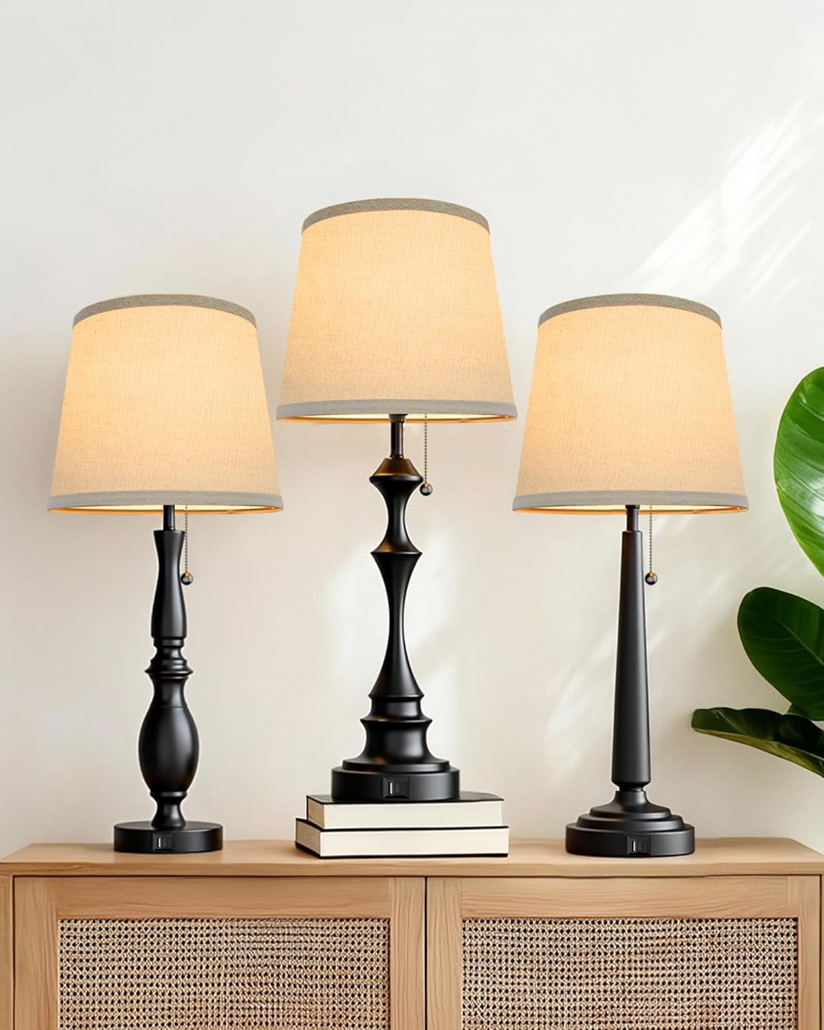 EppieBasic Farmhouse Table Lamps Set of 2 – Black Bedside Lamps with USB-C & USB-A Charging, 3-Way Dimmable LED for Bedroom, Living Room, Nightstand