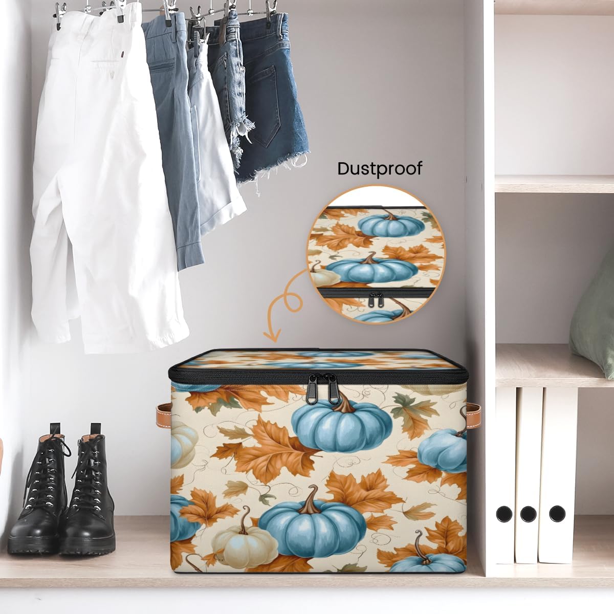 Storage Bin Set of 2 Pumpkin Leaves Storage Basket with Zipper Lid & Handle Foldable Closet Shelf 2 Pack Cloth Organizer Basket Cube Bins Clothes Organizer for Bedroom, Nursery
