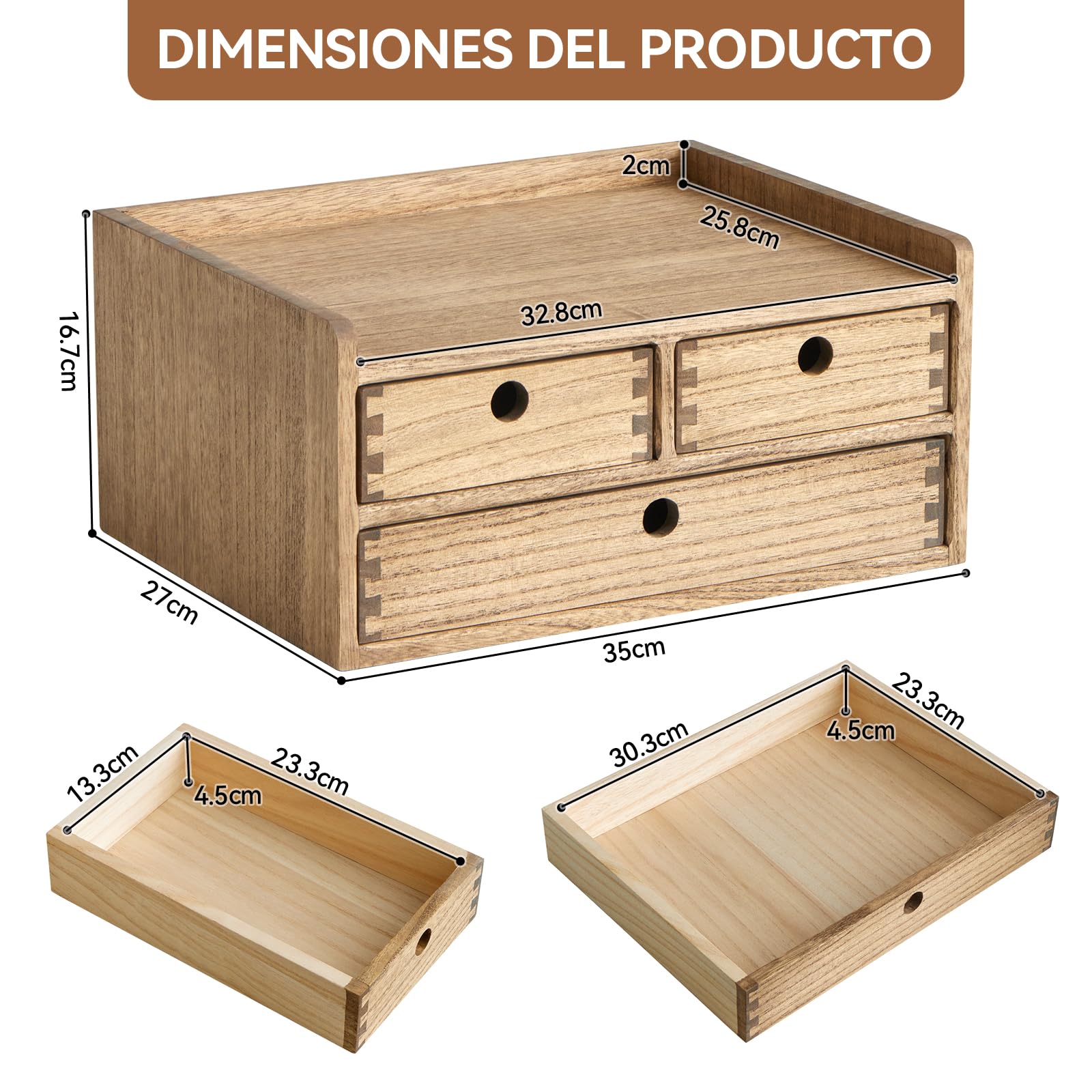 KIRIGEN Cajonera de Madera, Organizador de Escritorio A4, Marrón