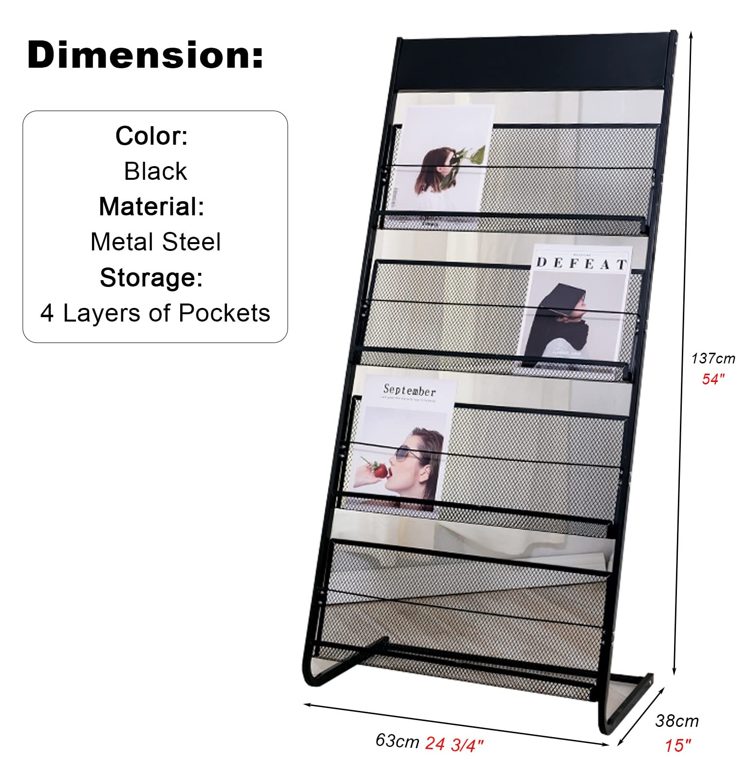 MTSON Prospektständer 54 "Black Magazine Rack Floor, Metall Display Rack Literature Broschüre Magazin Stand, Katalog -Signierständer für Empfangsbereiche, Einfach Zusammengebaut