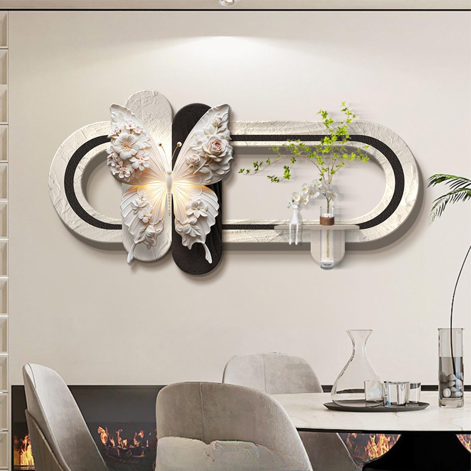 LED Sandstone Wall Decor, Butterfly Wall Sculpture Painting Decor with Glass Vase & Lights, Hydroponic Greenery Entrance Hanging Decor for Entrance Office Corridor(A,40 * 80cm)