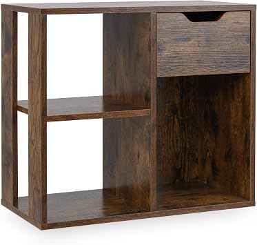 COSTWAY Sofa Side Table, Wooden Nightstand Bedside End Table with 2-Tier Open Shelves, Bottom Cube and Drawer, Narrow Accent Tea Table for Living Room Bedroom Office (Rustic Brown)