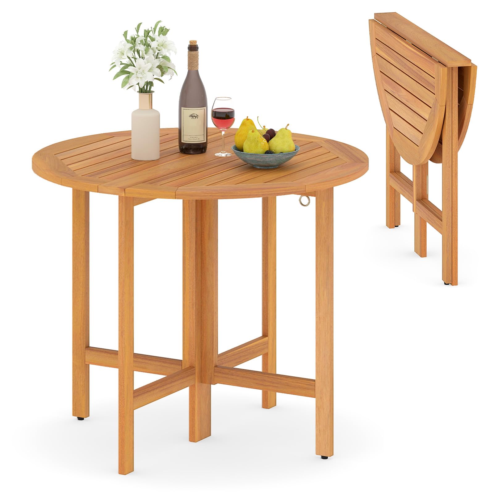 COSTWAY Mesa Plegable Jardín de Madera Acacia, 90 x 75 cm, Mesa Redonda de Comedor, Tablero de Listones, Jardín Porche Terraza Balcón Exterior Interior, Sin Montaje