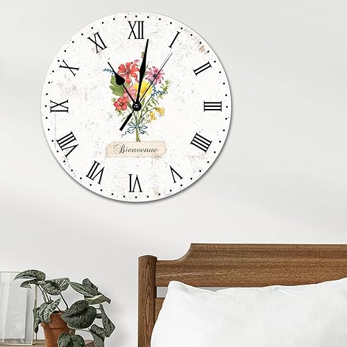 Miniatura 4 de Reloj de pared de madera con flores rústicas y elegantes, reloj de pared redondo con plantas botánicas de 15 pulgadas, silencioso, sin tictac,