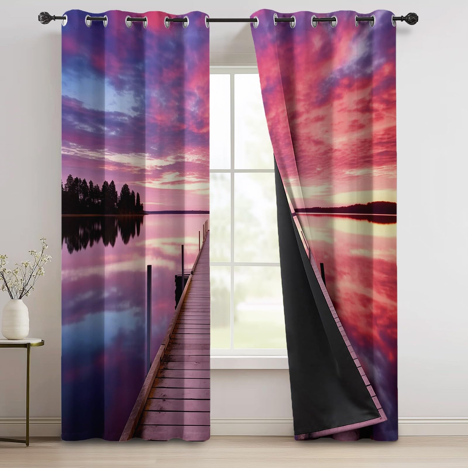 117L X 138H cm (2 Panneaux) Rideau Occultant Thermiques à Oeillets pour Chambre, Violet Marron Motif Nature Nuages Jetée Mer Rideaux Salon pour Chambre Enfant Fille Garcon Rideau