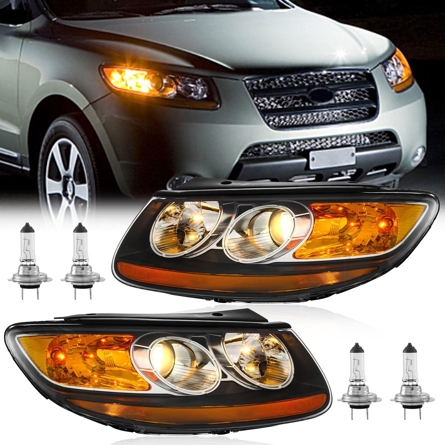 TODO Headlights Assembly Pair For 2007 2008 2009 2010 2011 2012 Hyundai Santa Fe 6 Pin Headlamp Replacement with Bulbs, Passenger and Driver Side
