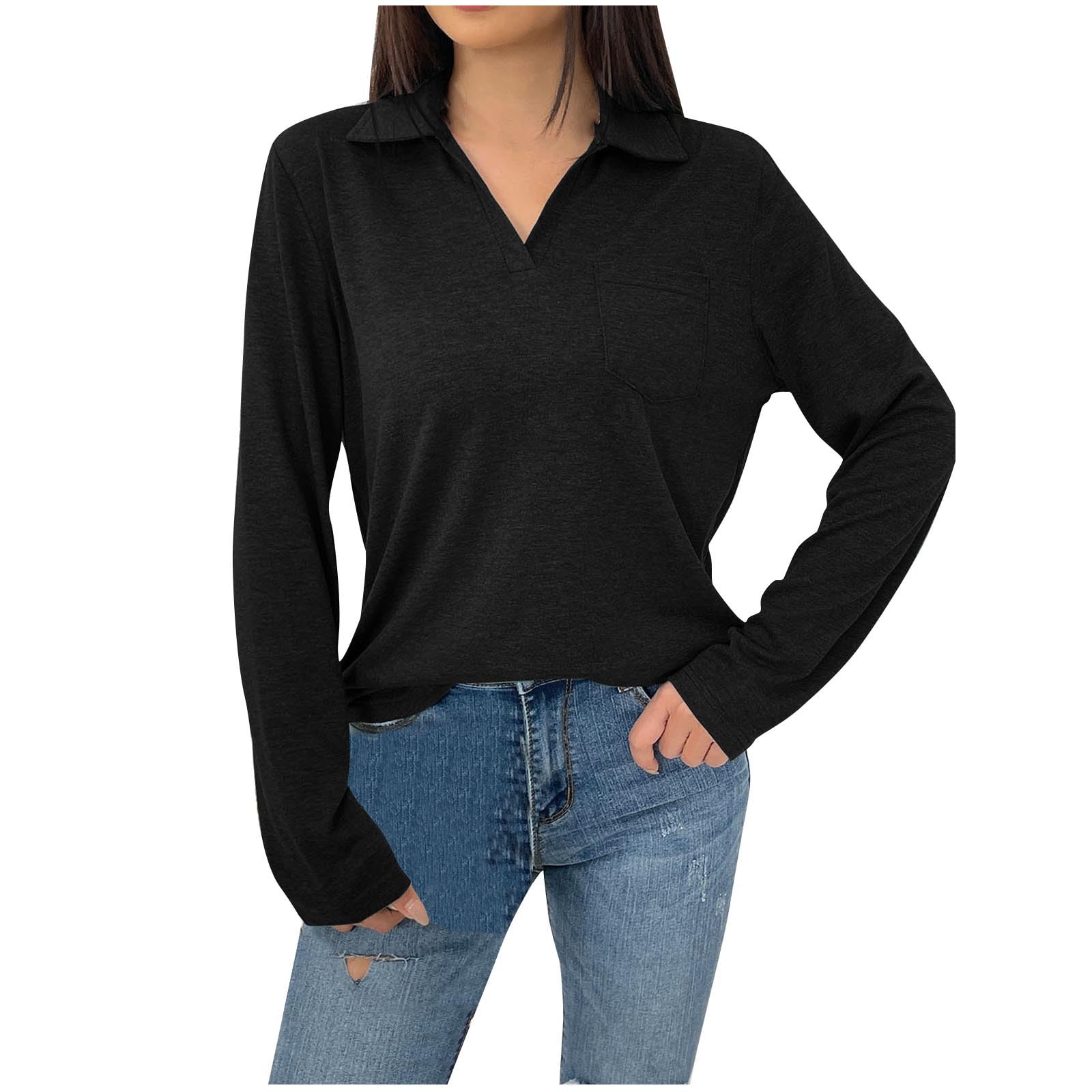Lpmadey Long Sleeve Shirts for Women 2024 Business Professional Shirt  Elegant Stand Collar V Neck Lightweight Dressy Tunics Black at Amazon  Women's Clothing store