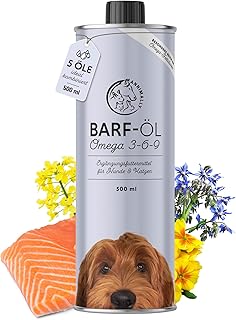 Barf Öl für Hunde 500ml Barföl mit Omega 3-6-9 aus: Lachsöl, Rapsöl, Hanfsamenöl & Borretschöl - Futteröl für Hund als Futter Topping (Barf Zusatz)