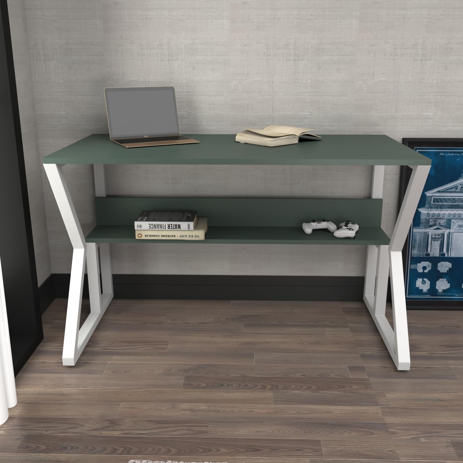 DECOROTIKA Wake 120 cm Metal Frame Study and Writing Desk for Home and Office (Green and White)