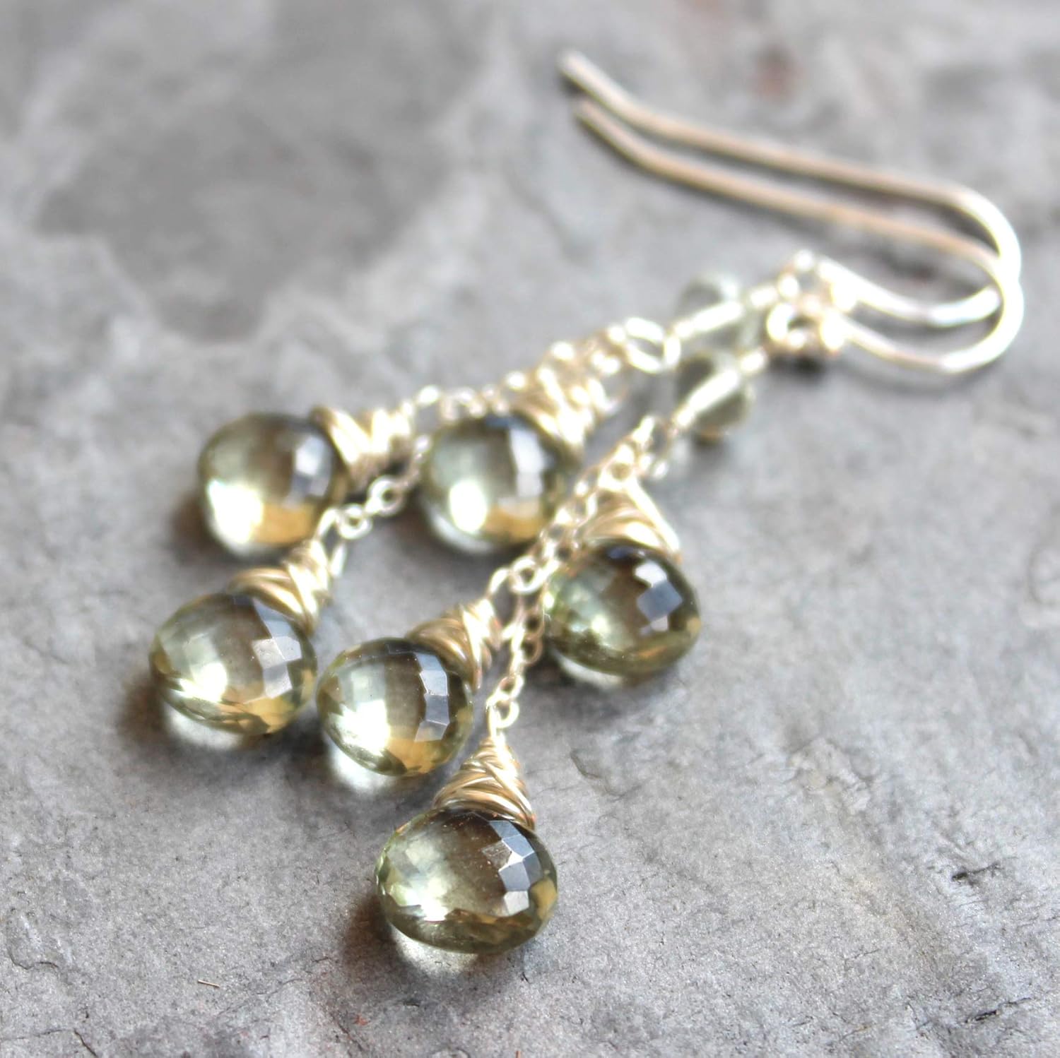 Green Amethyst Earrings Sterling Silver Prasiolite Briolette Dangle Cascade - Image 6