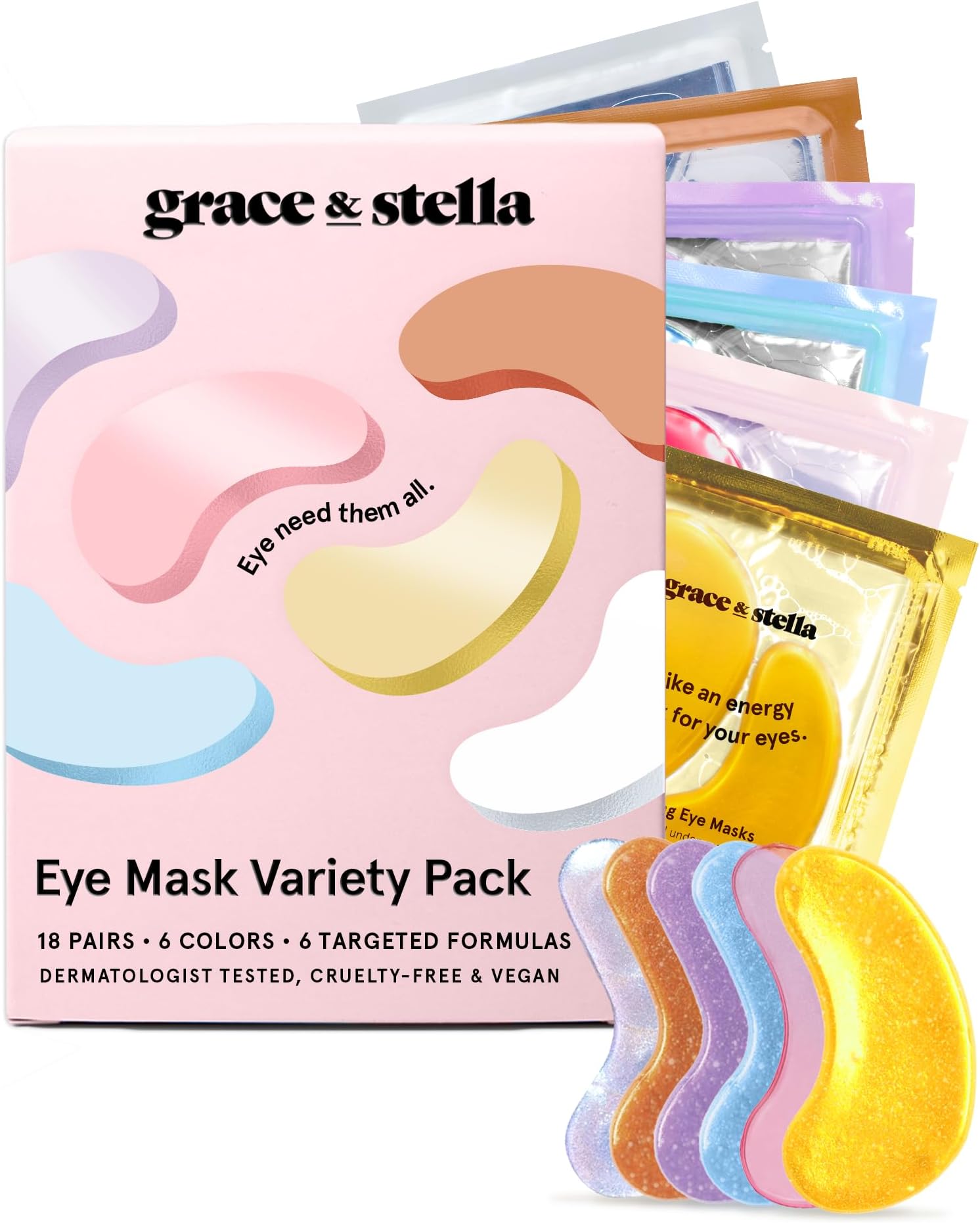 grace & stella Under Eye Mask Variety Pack - 18 Pairs of Under Eye Patches for Dark Circles - With 6 Colors (3 Pairs/Color) - Gift Basket for Women - Gel Masks Puffy Eyes for Women, Vegan