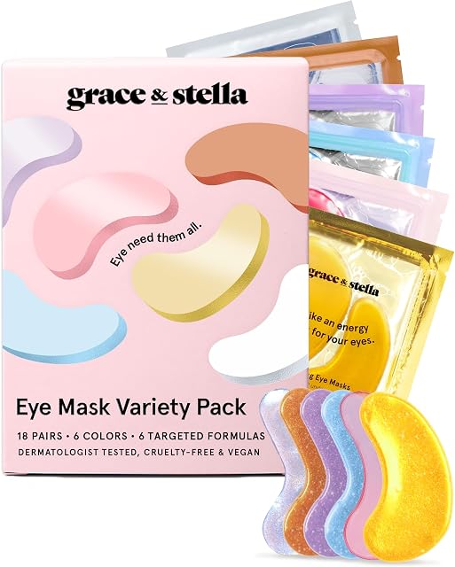 grace & stella Under Eye Mask Variety Pack - 18 Pairs of Under Eye Patches for Puffy Eyes - With 6 Colors (3 Pairs/Color) - Vegan Cruelty Free Bridesmaid Gifts, Birthday Gifts for Women