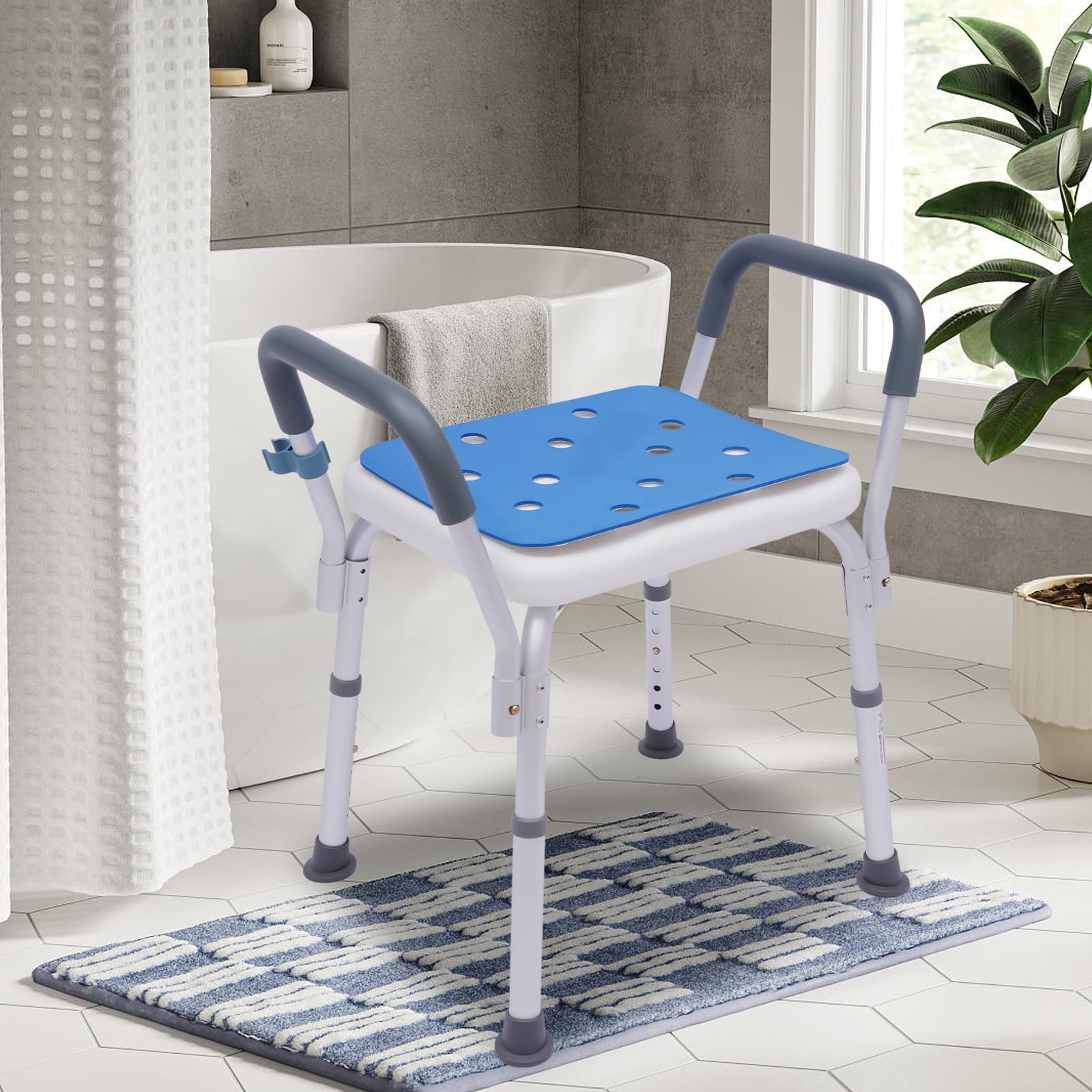 Silla de ducha con respaldo y reposabrazos, silla de ducha para personas mayores, asiento de ducha, taburete de ducha, altura regulable, capacidad de carga de 150 kg