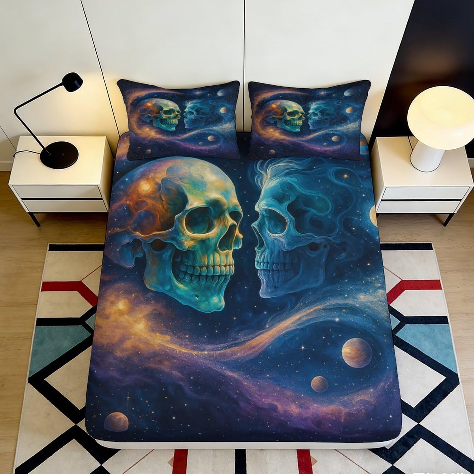 3D Printed Galaxy Starry Sky Fitted Sheet Microfiber Skull Cosmic Nebula Bed Cover for Bedroom Dorm Decor 160x200x25cm
