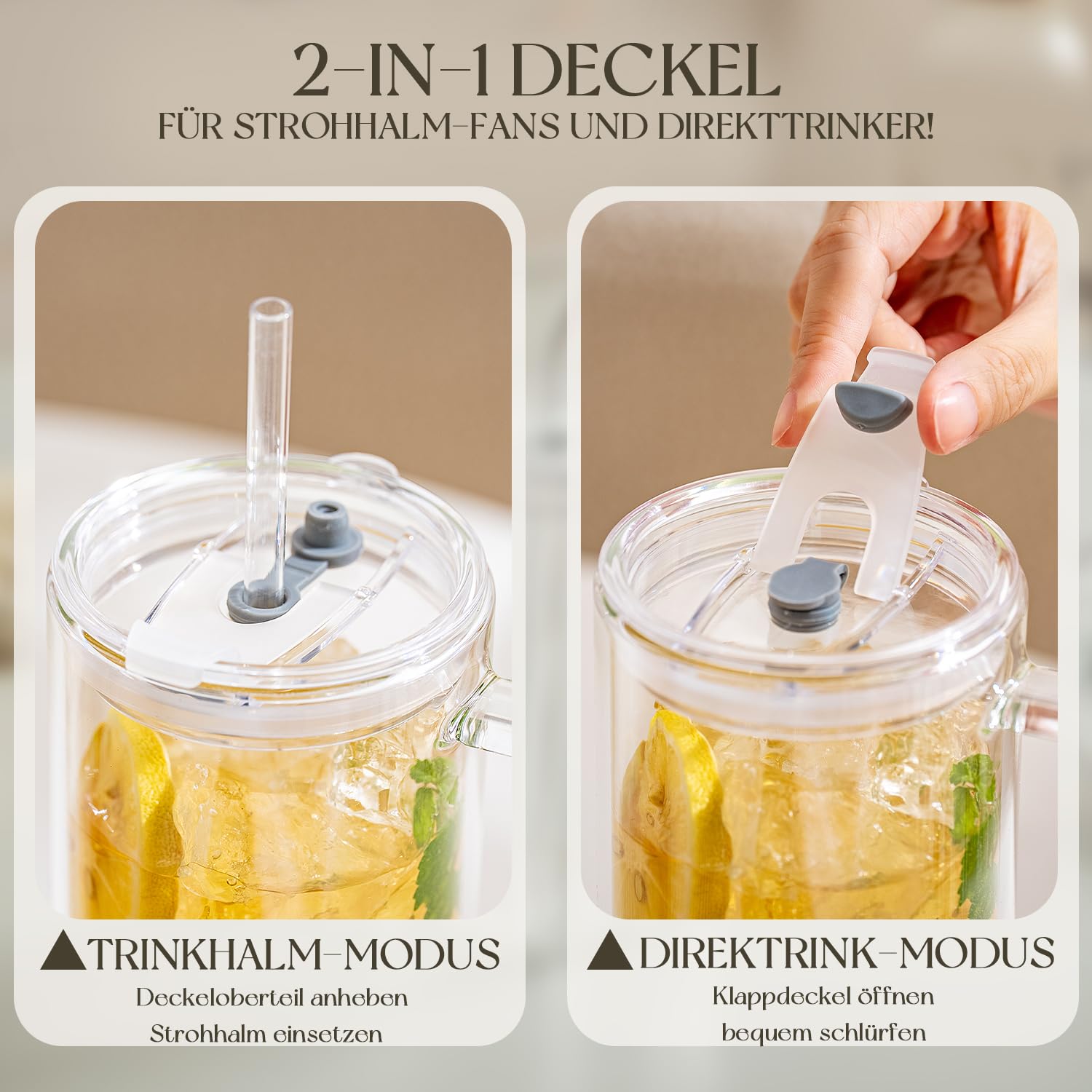 KEMORELA 2er Set Kaffeegläser mit Griff, Deckel & Glasstrohhalm, 830 ml Doppelwandige Latte Macchiato Gläser, Eiskaffee Glas, Matcha Glas, Teegläser für heiße & kalte Getränke