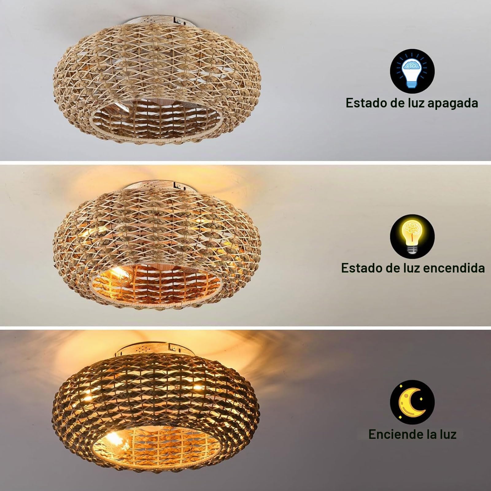 Ventilador De Techo Con Iluminación De Ratán E27 - Control Remoto Silencioso, 6 Velocidades, Temporizador Reversible - Lámpara Para Sala De Estar Y Dormitorio