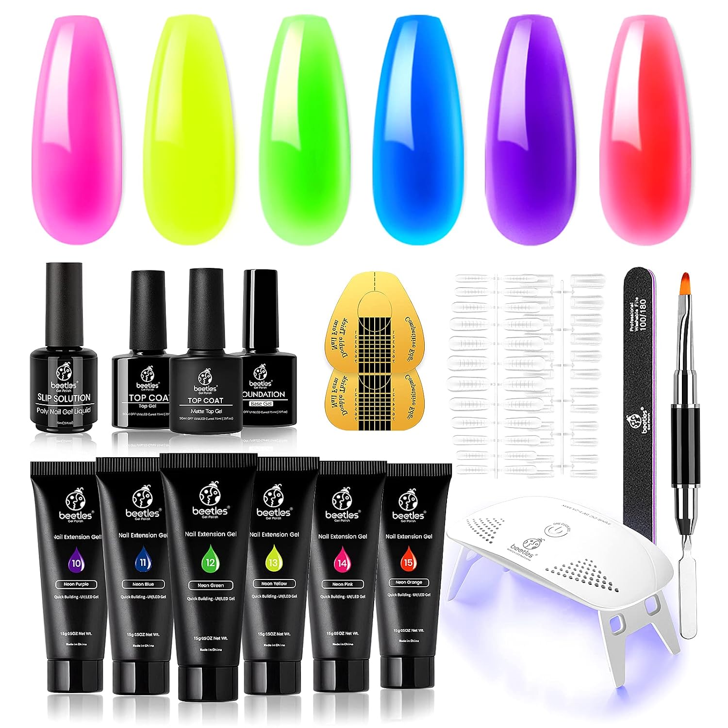 Beetles Poly Extension Gel Nail Kit, Neon Jelly 6 Colors with Mini LED Light Nail Lamp Slip Solution Rainbow Poly Nail Extension Gel Builder Gel For Beginner Nail Art Manicure Kit