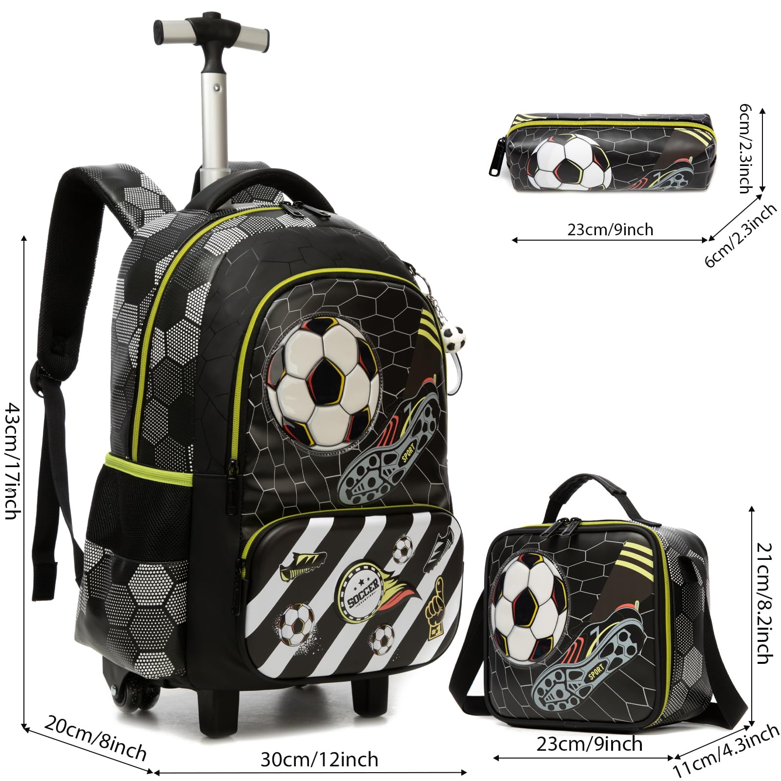 Kinder Rucksack mit Rollen für Jungen die Schule Fußball Koffer Schultrolley Komplett mit Lunchbag Federmäppchen Sätze Geeignet Grundschüler Jugendliche 4-10 Jahre Alt Schwarz