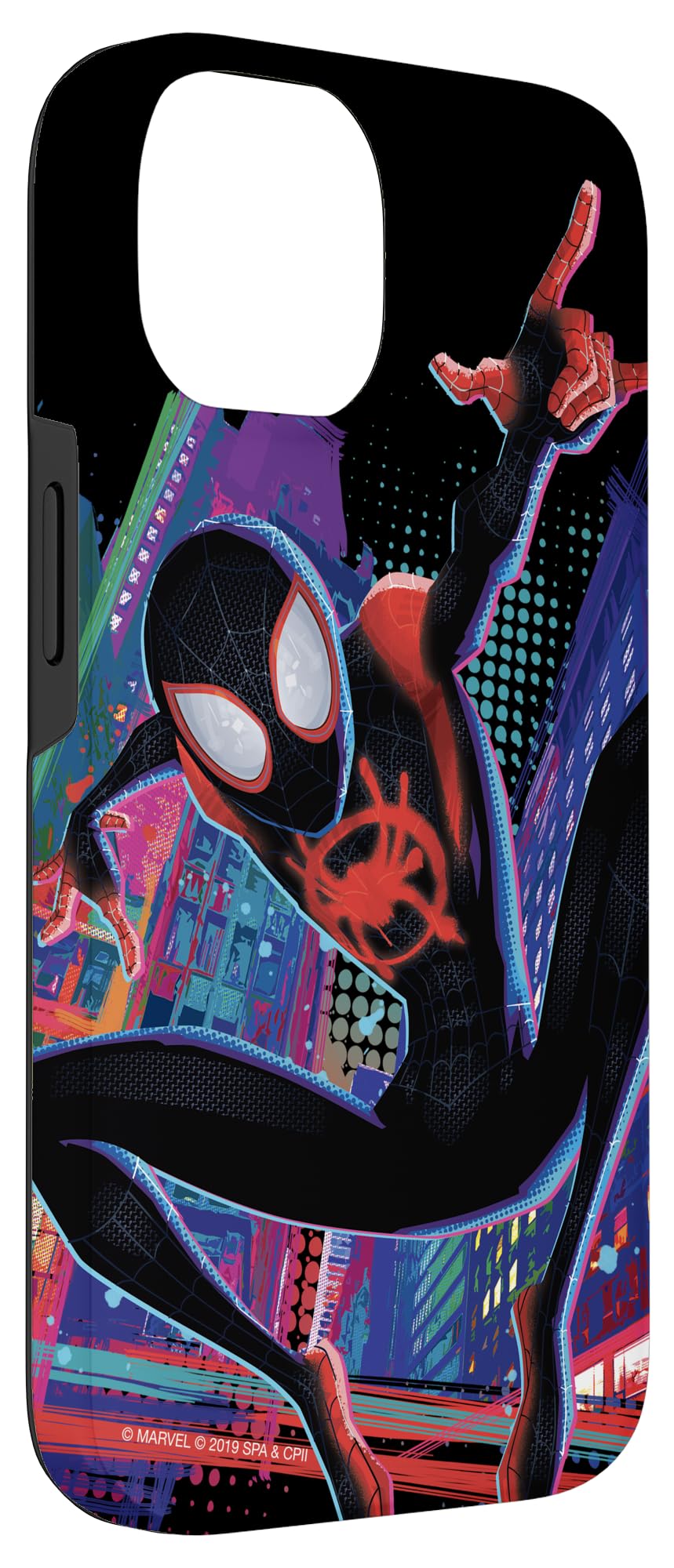 Custodia per iPhone 14 Marvel Spider-Man nella città di Spider-Verse Miles Morales