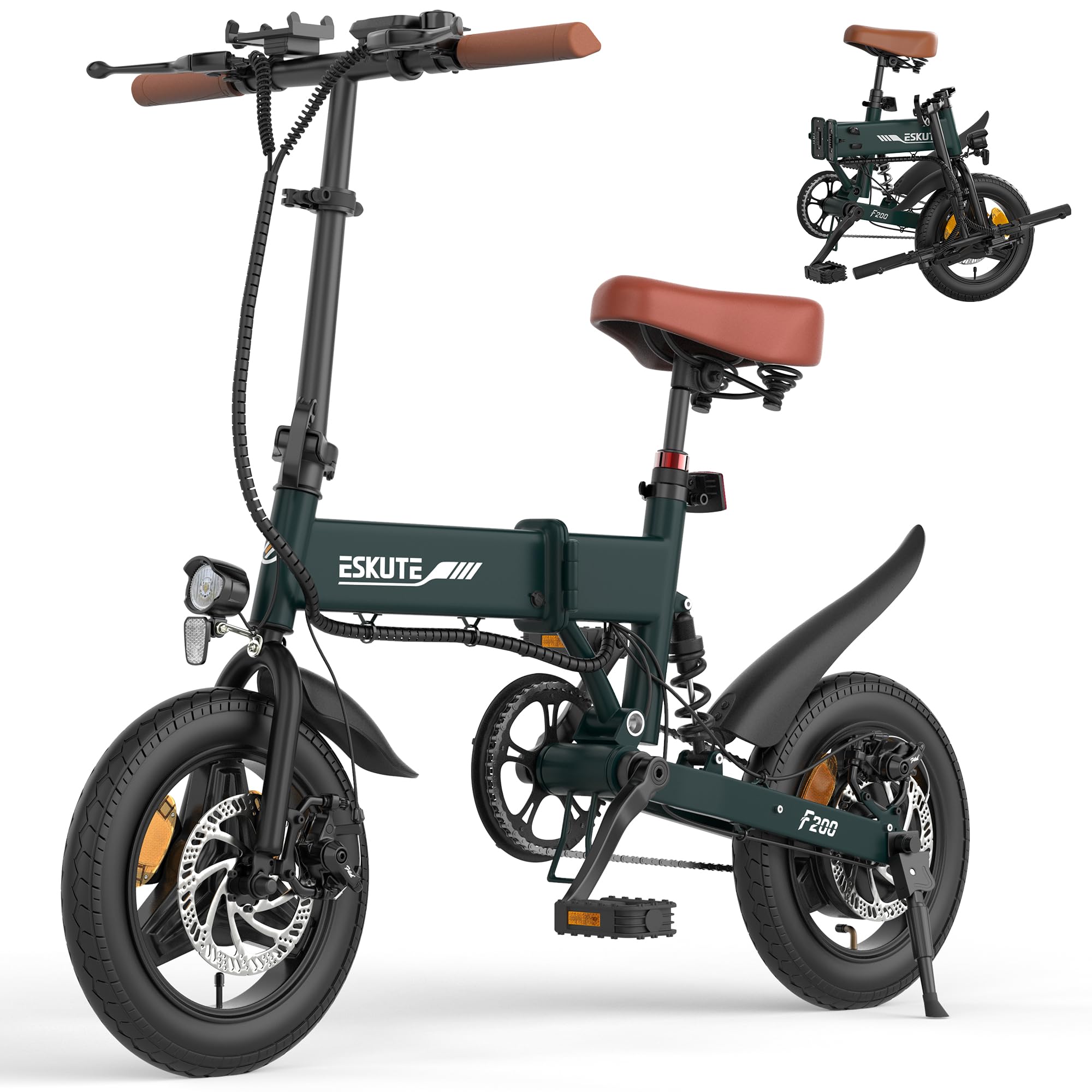 ESKUTE F200 Bici Elettrica, Bicicletta Elettrica Pieghevole Mini 14", Batteria 36V 7.8Ah, 25 KM/h & Autonomia 35–50 KM, Supporto USB per Cellulare, Sella Erg., E-bike per Pendolari Urbani