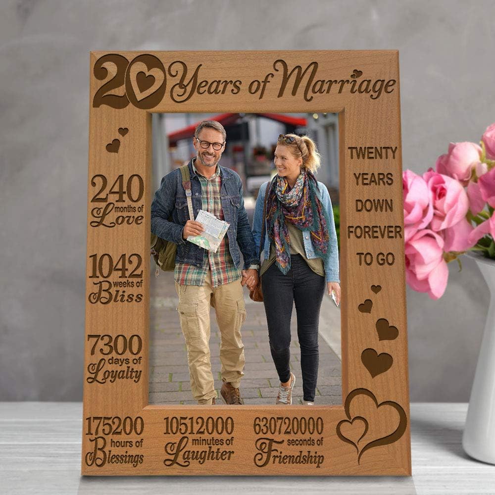 KATE POSH - 20 Years of Marriage, Our 20th Anniversary Engraved Natural Wood Picture Frame, Twenty Years Together, Wedding Anniversary for Husband & Wife (4x6 Vertical) - Image 2