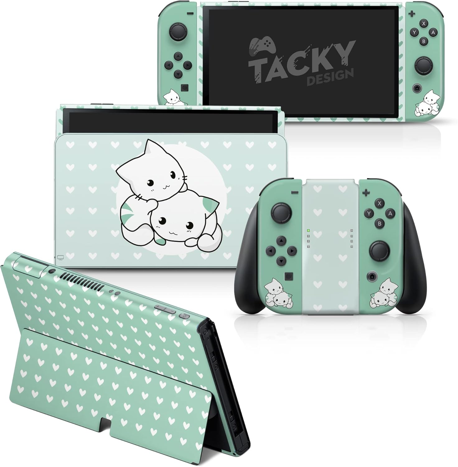 Tacky Design Cute Cats Skin Compatible Nintendo Switch OLED Cover, Green Kawaii Skin for Switch OLED, Premium Vinyl 3M Full Wrap Decal