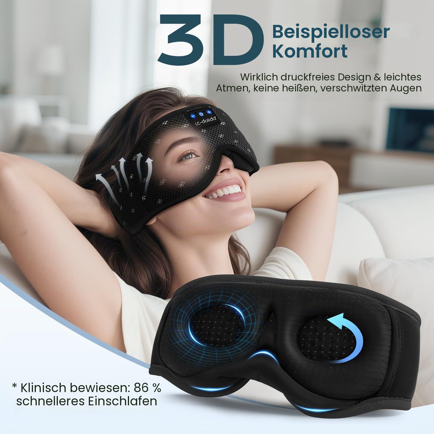LC-dolida Schlafmaske mit Kopfhörer Bluetooth V5.4, Ultraweiche 3D Schlafkopfhörer Kopfhörer zum Schlafen für Frauen Herren,Augenmaske Schlafbrille mit Mikrofon für Reisen/Nickerchen/Yoga/Meditation