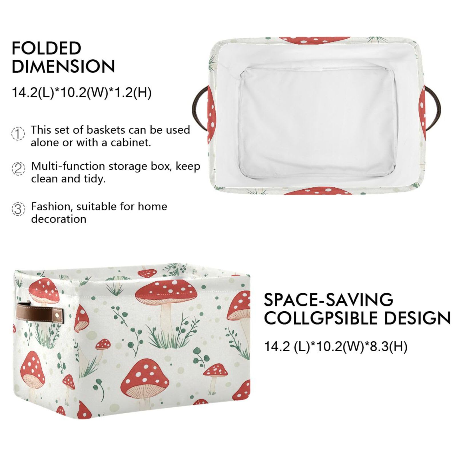 PaChyLuu Red Mushrooms Storage Basket Bin Canvas Fabric Organizer Toys Basket with Handles for Home Office Nursery, Clothes, Gifts, 2 Pcs