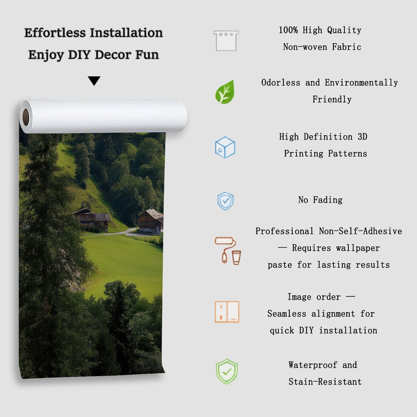 Panoramiczna tapeta 3D Ranch Valley plakat z europejskim kościołem, 400 x 280 cm (dł. x wys.) Tapeta ścienna z włókniny do salonu dziecięcego Sofa dekoracja tła TV, zielona