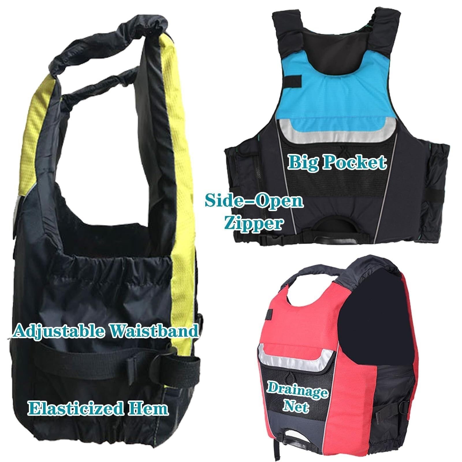 Angelweste mit Seitlichem Reißverschluss und Netztasche, Schwimmende Schwimmweste mit Elastischer Taille, Sicherheitsjacke for Wassersport(Yellow,L)